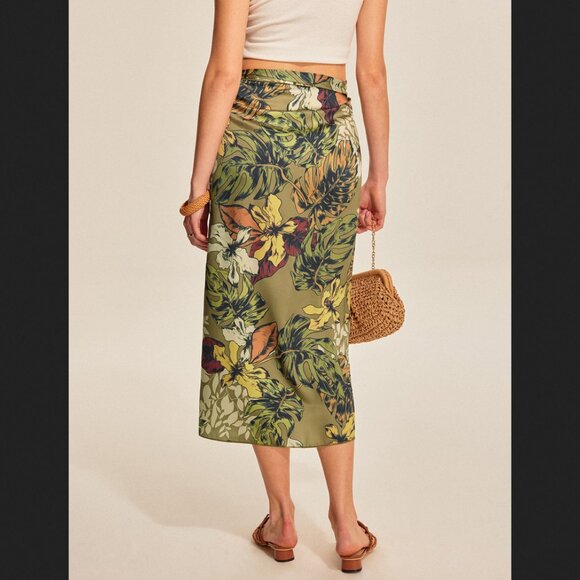 Commense Green Floral Print Tie Wrap Midi Skirt NEW NWT Summer Spring Vacation - Picture 2 of 3